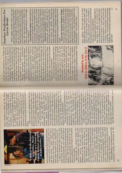 🖼️ Left page from Soap Opera Digest – April 13, 1993 featuring a photograph of Christie Clark with a quote overlay: “I think of Drake Hogestyn [her father], Wayne Northrop as a friend and Patrick Muldoon [pictured] as a big brother.” The accompanying article continues Clark’s reflections on her return to Days of Our Lives, her role as Carrie Brady, and her relationships with cast members. The tone is warm and personal, emphasizing emotional bonds and professional growth.

🖼️ Right page from Soap Opera Digest – April 13, 1993 featuring an article titled “Fearless Predictions For Carrie Brady,” speculating on future storylines for Christie Clark’s character on Days of Our Lives. Topics include romantic entanglements and dramatic twists. A smaller image at the bottom shows Clark in a scene from Children of the Corn II, captioned “Detained by corn,” adding a humorous nod to her crossover into film.