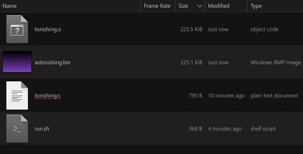 Screenshot of KDE Dolphin showing a list of four files:

- tonishing.o: 225.5KiB, object code
- astonishing.bin: 225.1KiB, Windows BMP image
- tonishing.s: 790 B, plain text document (actually, it's GNU Assembly)
- run.sh:  368 B, shell script