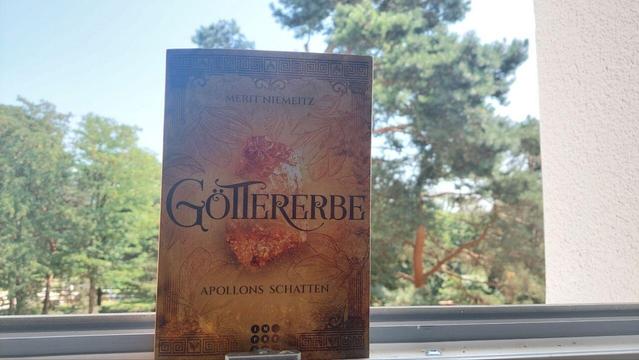 Buch vor dem Fenster, draußen sind Bäume zu sehen.