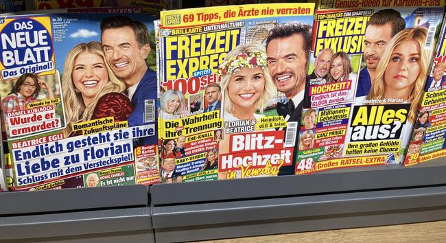 Drei verschiedene Klatschblätter, auf jedem Titelblatt geht es um Florian Silbereisen und Beatrice Egli. 
Schlagzeilen: 
1) Endlich gesteht sie ihre Liebe zu Florian
2) Blitz-Hochzeit in Venedig
3) Alles aus?