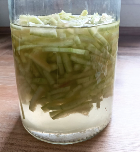 Die weißen Melonenschalen-Stifte in einem Glas mit Salzwasser