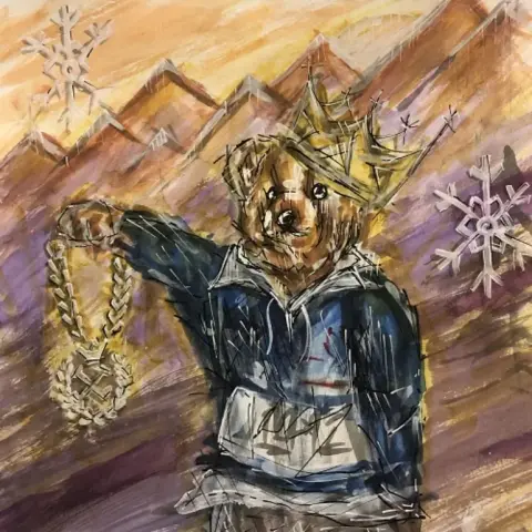Album cover for Winter Catalogue by East Hampton Polo Boys. The artwork is a rough, expressive painting of a bear wearing a gold crown and a blue hoodie. The bear holds up a thick gold chain with a large pendant shaped like a snowflake. Behind it, jagged purple and orange mountains rise against a sunset sky, while white snowflakes are scattered in the scene. The sketchy, textured brushstrokes give the cover a raw, street-art energy with a whimsical surreal touch.