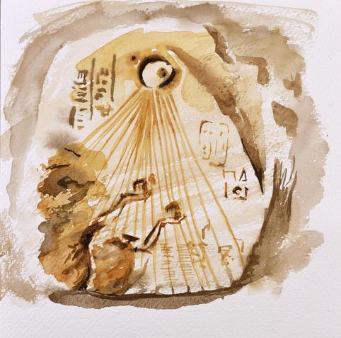 One of my watercolours, showing a fragment of bas-relief of Akhenaten and Nefertiti making offerings to the Aten.