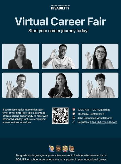 Flyer for the Virtual Career Fair by the National Organization on Disability. Features smiling people waving, event date (Thursday, September 4), time (10:30 AM–1:30 PM ET), registration link, and info for students seeking disability-inclusive employers.