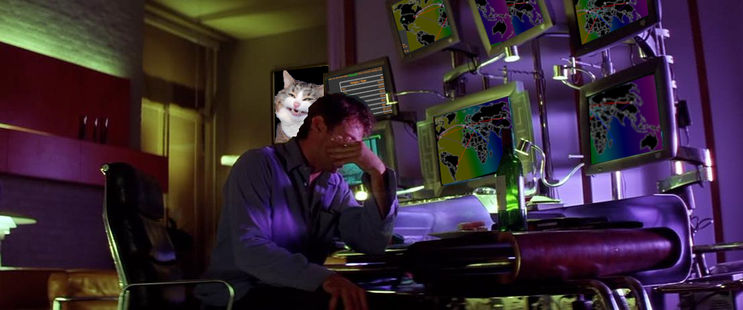 Scene from Swordfish where Hugh Jackman is at his computer with his head in his palm like he's exhausted or frustrated or something. On five of his monitors are different parts of the GAYINT PewPew map. On another monitor is the GAYINT threat actor naming taxonomy. On the wall behind him is a portrait of catte dot jpg.