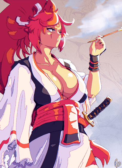 Digital Art. Baiken from Guilty Gear Strive smoking from a pipe. She's looking away from the viewer while holding the pipe in her left hand.