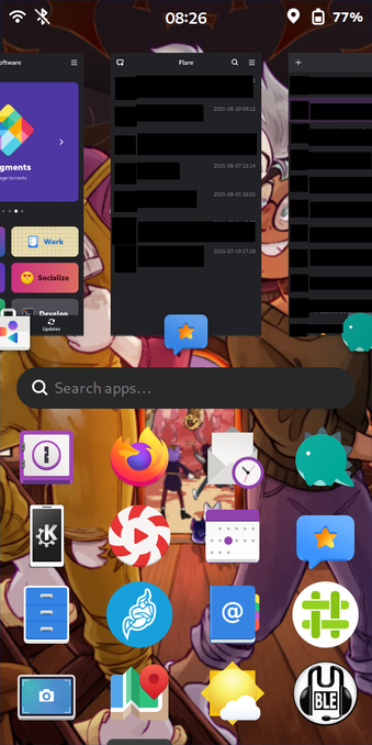 Phosh showing the apps currently running in the foreground, including Flare and Dino.