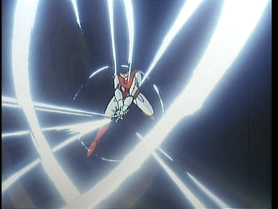 Ryo is mid-transformation into his armor. He is standing with one arm outstretched, his other hand grasping at the wrist of the first. Arcs of lightning dance around him.