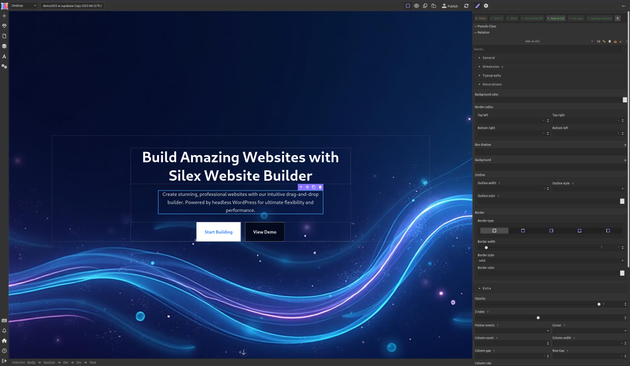 silex UI, with a website open
the website has a hero section saying "Build Amazing Websites with Silex Website Builder"