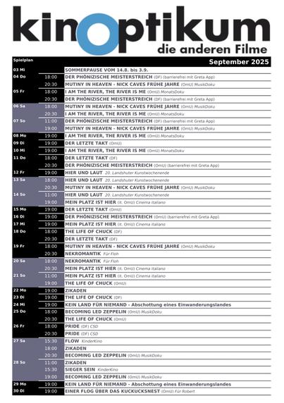 Foto des Kinoprogramms im September 2025. Nähere Infos zum Programm unter www.kinoptikum.de