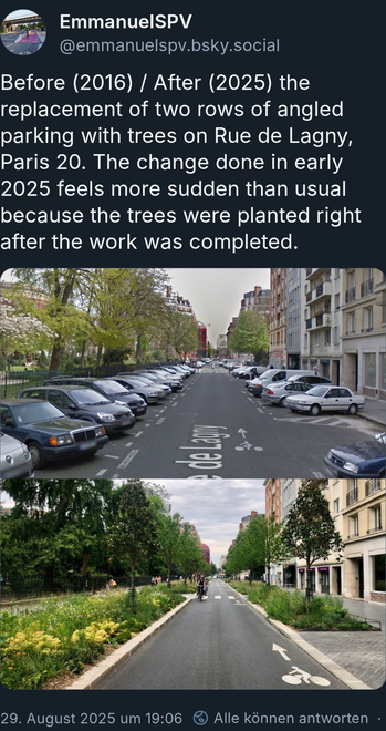 Zwei Fotos der gleichen Straße in Paris, einmal vor der Umgestaltung mit Parkplätzen rechts und links der Fahrbahn, sowie nach der Umgestaltung mit Bäumen und grünen Beeten statt asphaltierten Auto-Stellplätzen.