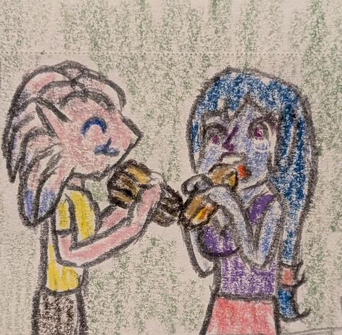 Color pencil drawing of Ayame Alba, a Mikkian woman from #StarWars, and Azusa Riyo, a Pantoran woman from Star Wars, eating banh mi sandwiches.