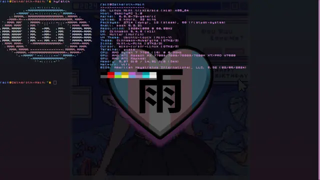 My hyfetch using guake. Terminal is all trans colors with my custom YouTube logo sitting in the background of the terminal. The window is transparent to show the desktop art.