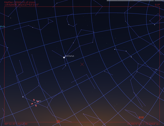A finder chart from planetarium software.

Mars is in the lower left corner, near the pale blue star Spica. The Big Dipper is in the right third of the frame.