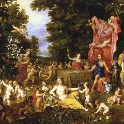 A lush, classical scene depicting a gathering of cherubs and figures in a verdant landscape. Central figures include a woman surrounded by flowers, with others engaging in various activities, such as playing music and gathering fruits. The background features a bright sky and