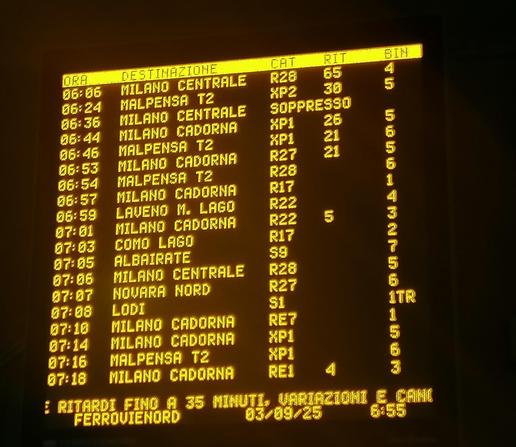 Tabellone con orari (e ritardi! Fino a 65 minuti!) poco prima delle 7, stamattina. Soppresso il Milano Centrale delle 6.36.