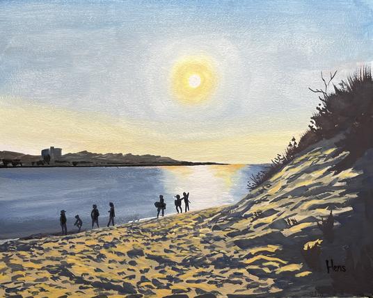 Painting of a beach at sunset with golden light reflecting on the water. Seven silhouetted figures stand along the shoreline, some carrying surfboards. The foreground shows a sandy dune with long shadows, while the sun glows in the hazy sky above.