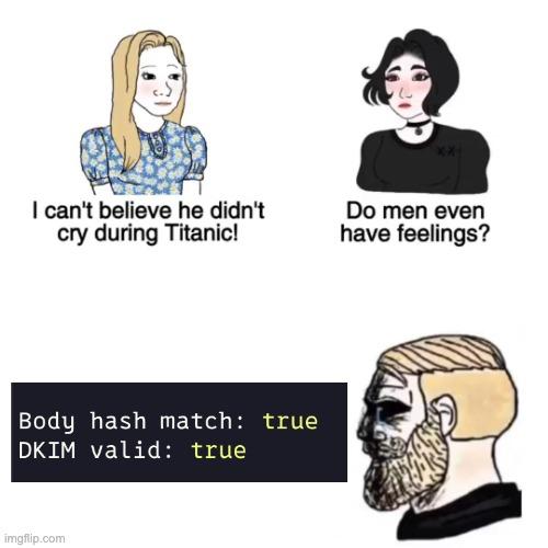 Meme: to people looking at each other saying: "I can't believe he didn't, cry during Titanic!", "Do men even have feelings?", below: screenshot of my terminal output reporting: "DKIM valid: true"