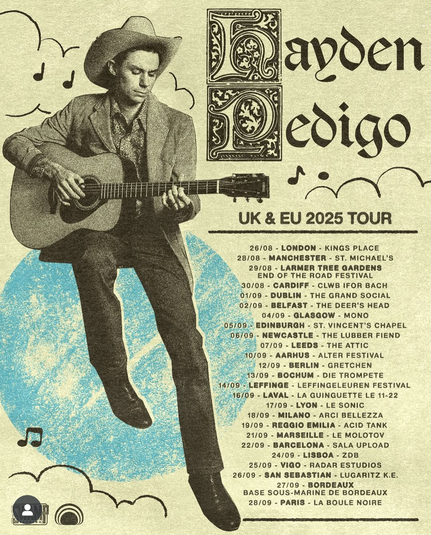 Konzertplakat für Hayden Pedigos Europa-Tour. Junger Mann mit Cowboyhut und Gitarre spielt Musik.