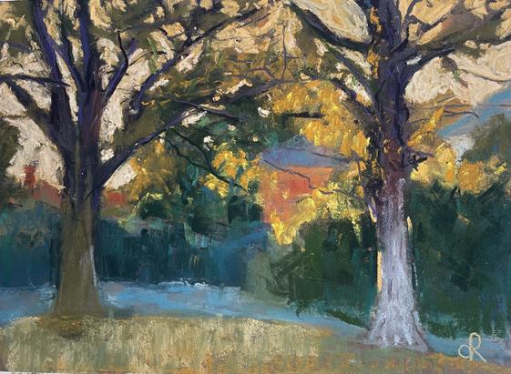 Pastel painting of two trees in evening light