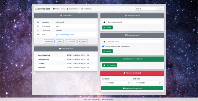 Screenshot of LTB Service Desk 0.7
Page where user information is displayed