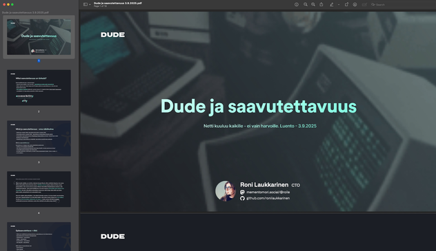 "Dude ja saavutettavuus" kalvosulkeisten kansilehti