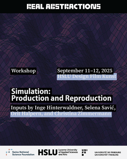 Workshop Flyer with a purple grid background saying Simulation: Production and Reproduction. Inputs by Inge Hinterwaldner, Selena Savić, Orit Halpern, and Christina Zimmermann. September 11–12, 2025, HSLU Design Film Kunst.