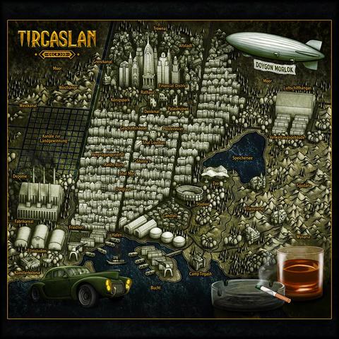 Meine Karte zum Roman TATORK. Die Stadt Tirgaslan mit vielen Häusern und anderen Orten. Dazu ein Auto, ein Zeppelin, ein Aschenbecher und ein Whiskeyglas.