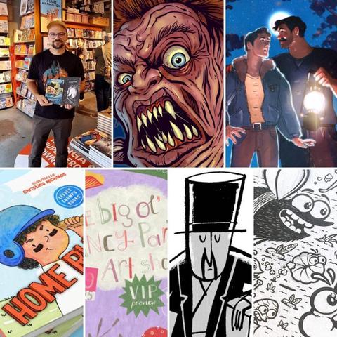 A collage of seven images: a man holding comics in a store, a monstrous face, two men with a lantern, children’s books, colorful art, a person in a top hat, and black-and-white cartoon art.
