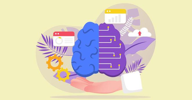 Illustration d’un cerveau moitié biologique, moitié numérique. La partie gauche symbolise la mémoire humaine, la partie droite les circuits et données de l’IA. Des icônes de cloud, graphiques et engrenages représentent l’externalisation de nos souvenirs et savoirs.