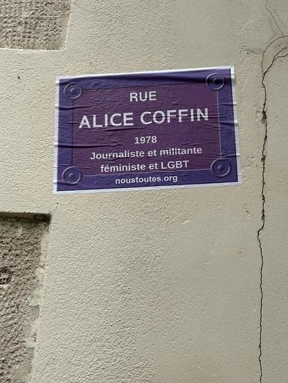 Collage d’une plaque de rue violette avec écrit en blanc : 
Rue Alice Coffin 1978 journaliste et militante féministe et LGBT 
@noustoutes.org