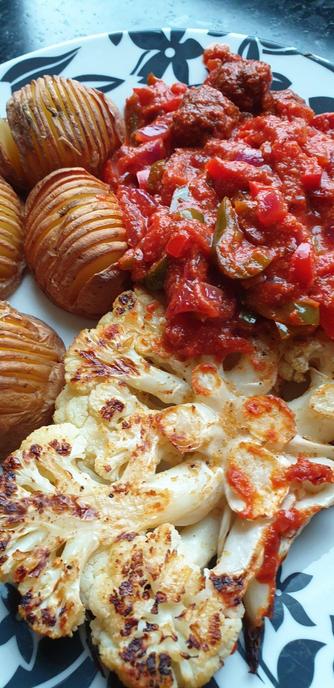 Cauliflower Steak, Hasselbach Potatoes, Vegobollar 'meat' balls in smoked paprika & tomato sauce.