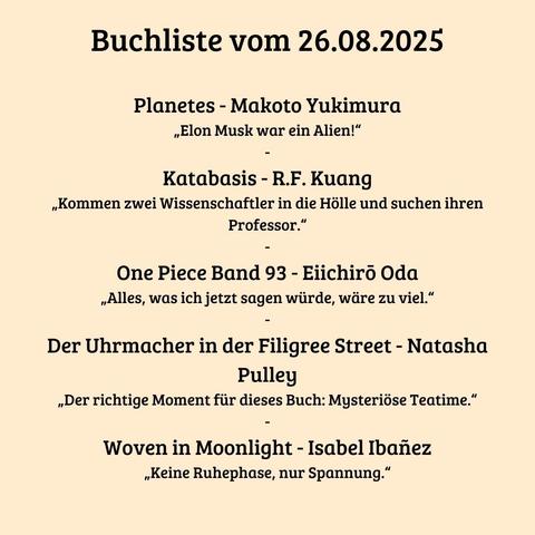 A book list dated August 26, 2025, featuring titles and authors, along with short quotes related to each book.