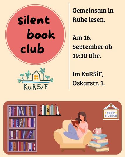 An advertisement for a "Silent Book Club," scheduled for September 16 at 19:30. It features illustrated elements, including a woman reading on a couch, a bookshelf, and a house logo for "KuRSiF.“