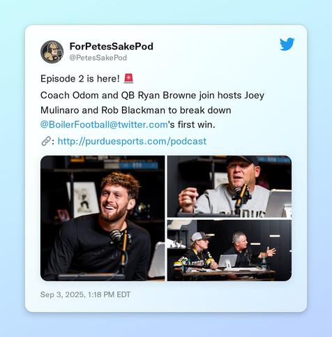 Episode 2 is here! 🚨

Coach Odom and QB Ryan Browne join hosts Joey Mulinaro and Rob Blackman to break down @BoilerFootball's first win.

 🔗: https://t.co/jIEsVB23Qv https://t.co/5JVikd7Jcl