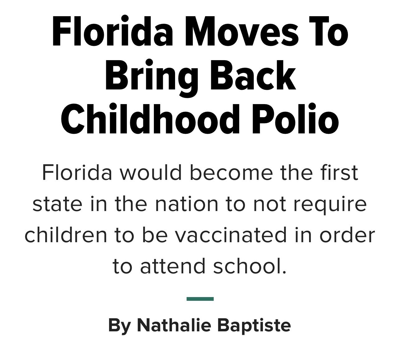 Photo by Still We Rise on September 03, 2025. May be an image of text that says 'Florida Moves To Bring Back Childhood Polio Florida would become the first state in in the nation to not require children to be vaccinated in order to attend school. By Nathalie Baptiste'.