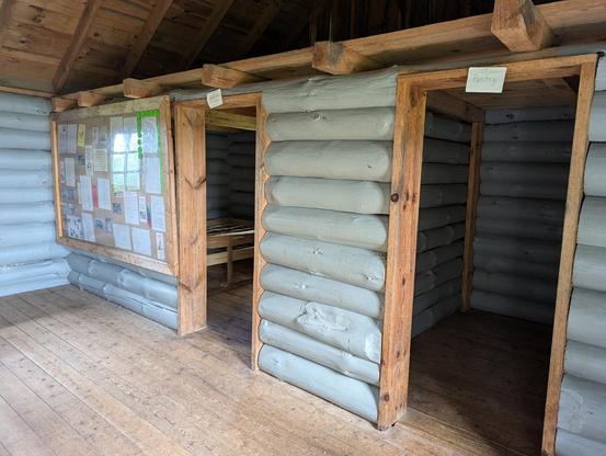 Opposite the fireplace. Loft above with two small rooms below. There is an old bedframe visible in the left room. Apparently all 5 people slept in that room!