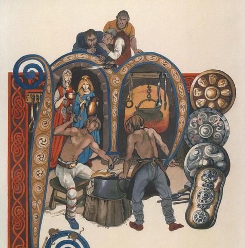Manawydan ap Llyr demonstrates his skill as a blacksmith while the other blacksmiths watch in resentment. An illustration by Margaret Jones.
