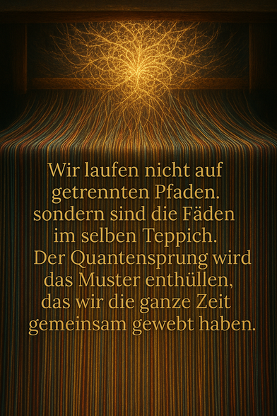 Spruch: "Wir laufen nicht auf getrennten Pfaden, sondern sind die Fäden im selben Teppich. Der Quantensprung wird das Muster enthüllen, das wir die ganze Zeit gemeinsam gewebt haben."