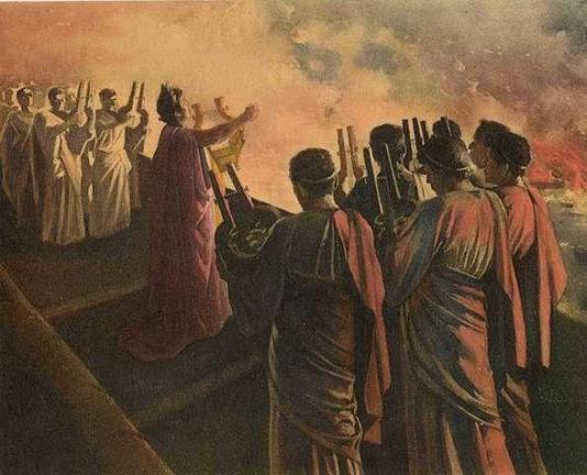 Néron vêtu de pourpre, debout sur une estrade, lève les mains vers le ciel enflammé de l'incendie de Rome. Autour de lui se tiennent d'autres personnes qui le regardent, certaines tenant des instruments de musique. Le ciel est rempli de fumée et d'un reflet rougeoyant du feu.