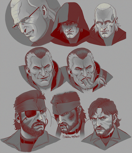 Fan art of Metal Gear Solid 3: Snake Eater characters. Three headshots of The Sorrow, two headshots of The Fear and three headshots of Naked Snake.