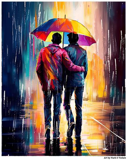 Colorful digital art showing two men walking together under an umbrella in the rain. One man has his arm around the other. There's a bright light shining through the rain drops like a sun shower.