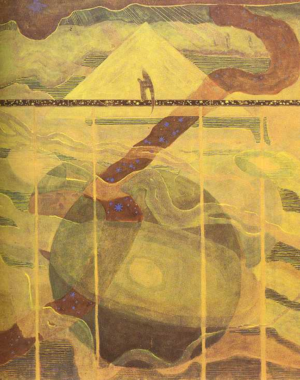 An Abstract painting. Mostly in tones of yellow, gold, and brown, we see swirling mists surrounding a sphere, possibly the Earth, but superimposed on it is a solar system-like disk. In the upper quadrant of the canvas, a horizontal bar supports a single, angelic figure, looking as if it is traversing the canvas, and it stands in the middle of a either a pyramid or a shining light.