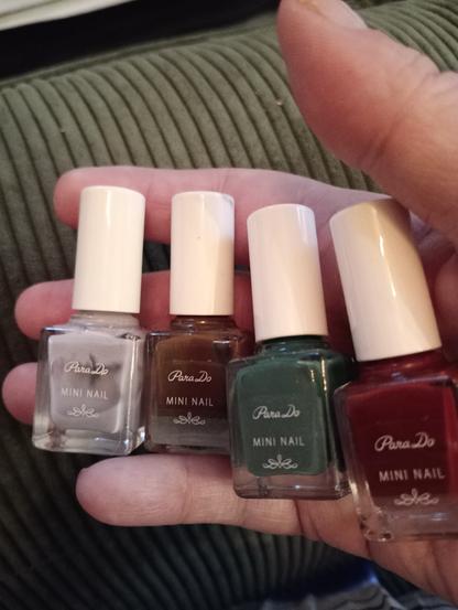 パラドゥのネイルポリッシュ4種類を右手で持っている