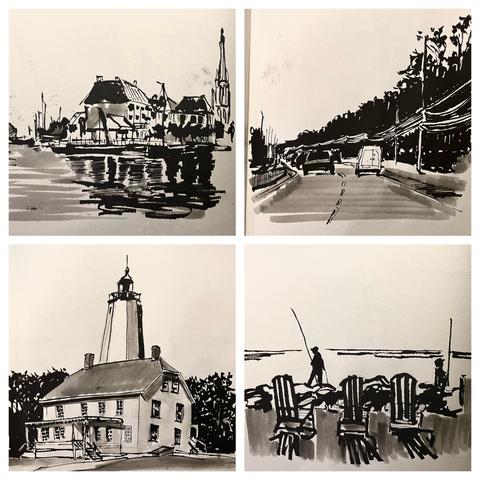 Top left: A black and white ink sketch of the Rodetorenplein in Zwolle from 1890, showing buildings and boats reflected in the water.
Top right: A black and white ink sketch of NJ Route 36 north at sunset, with cars and utility poles lining the road.
Bottom left: A black and white ink sketch of the lighthouse at Fort Hancock, Sandy Hook, featuring a tall tower and an adjacent building.
Bottom right: A black and white ink sketch of chairs and people fishing in Sandy Hook Bay.