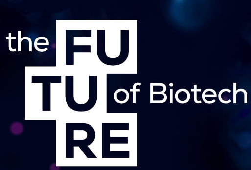 Part of a web graphic. White text on blue, purple background:

the FU
    TU of Biotech
       RE
