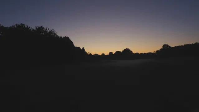 Lila Morgenhimmel, über dem Horizont  wird es hell aber die Sonne ist noch nicht zu sehen, Büsche , Bäume und eine Burgruine sind als Schattenriss zu erkennen. Im Vordergrund sind nebelschwaden zu erahnen.