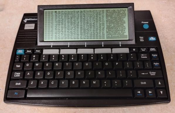 Cidco Mailstation with the built in hex editor displaying a screenful of machine code.