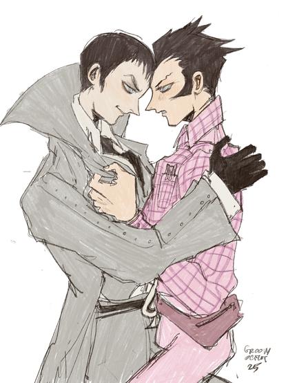 Henry and Travis from No More Heroes. Travis has his pink otaku outfit from NMH2., They are homding each other, sideview.